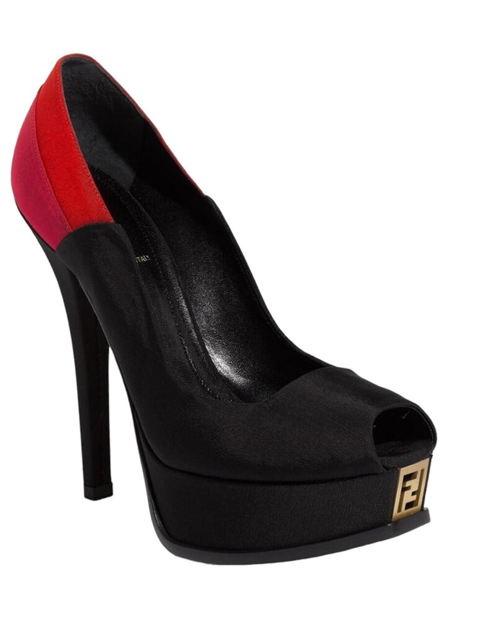 FENDI Fendista FF Logo Platform Peep Toe Pumps Black Red Color Block Heels EU 36